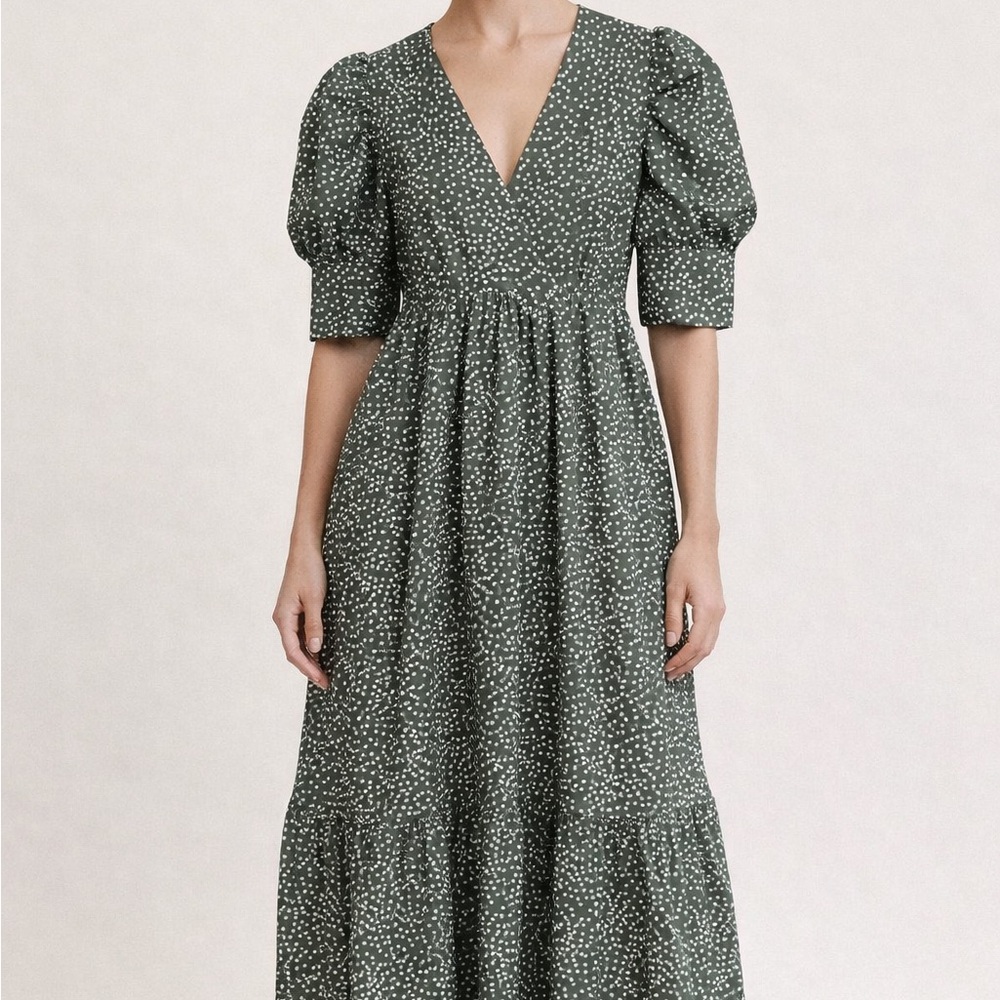 O.P.T Paplin Green Polka Dot Midi Summer Dress Medium